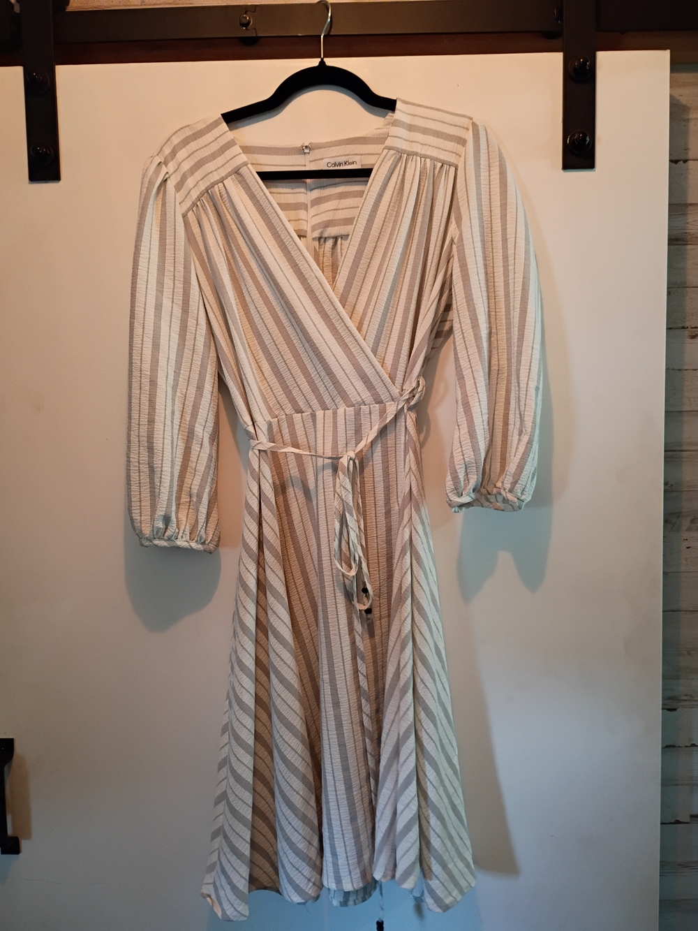 Calvin Klein Cream and Tan Striped Midi Wrap Dress